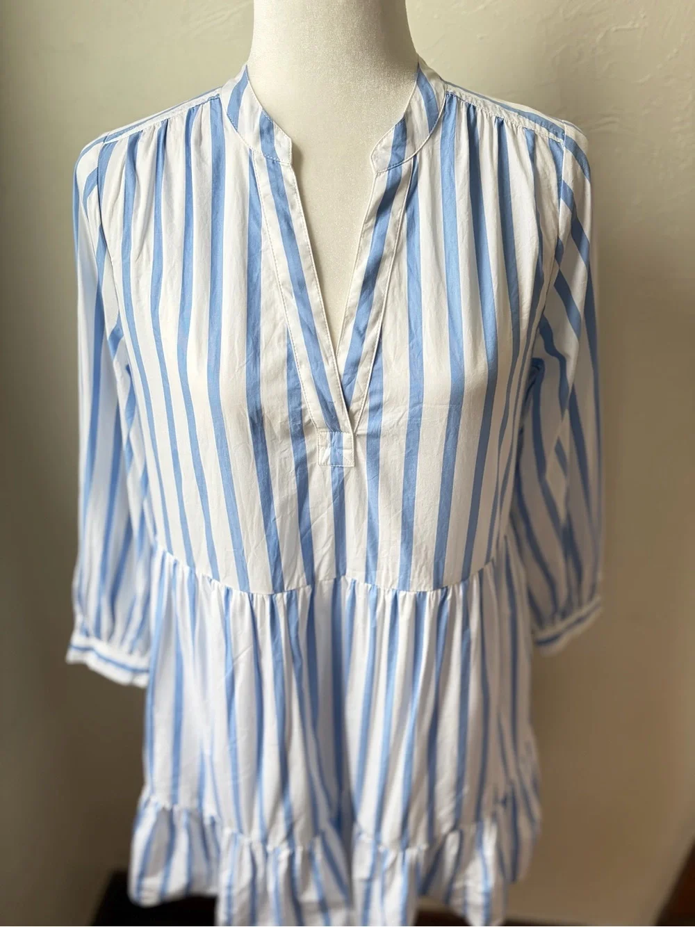 J. Crew Blue & White Striped Tiered V-Neck Mini Dress